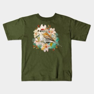 Chipping Sparrow And Flowers Kids T-Shirt